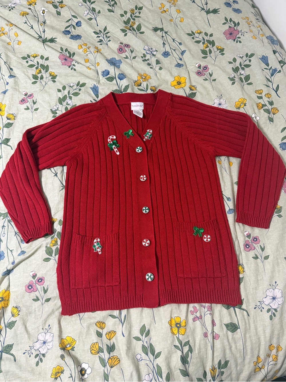 Bobbie Brooks Red Ribbed Holiday Cardigan with Candy Accents